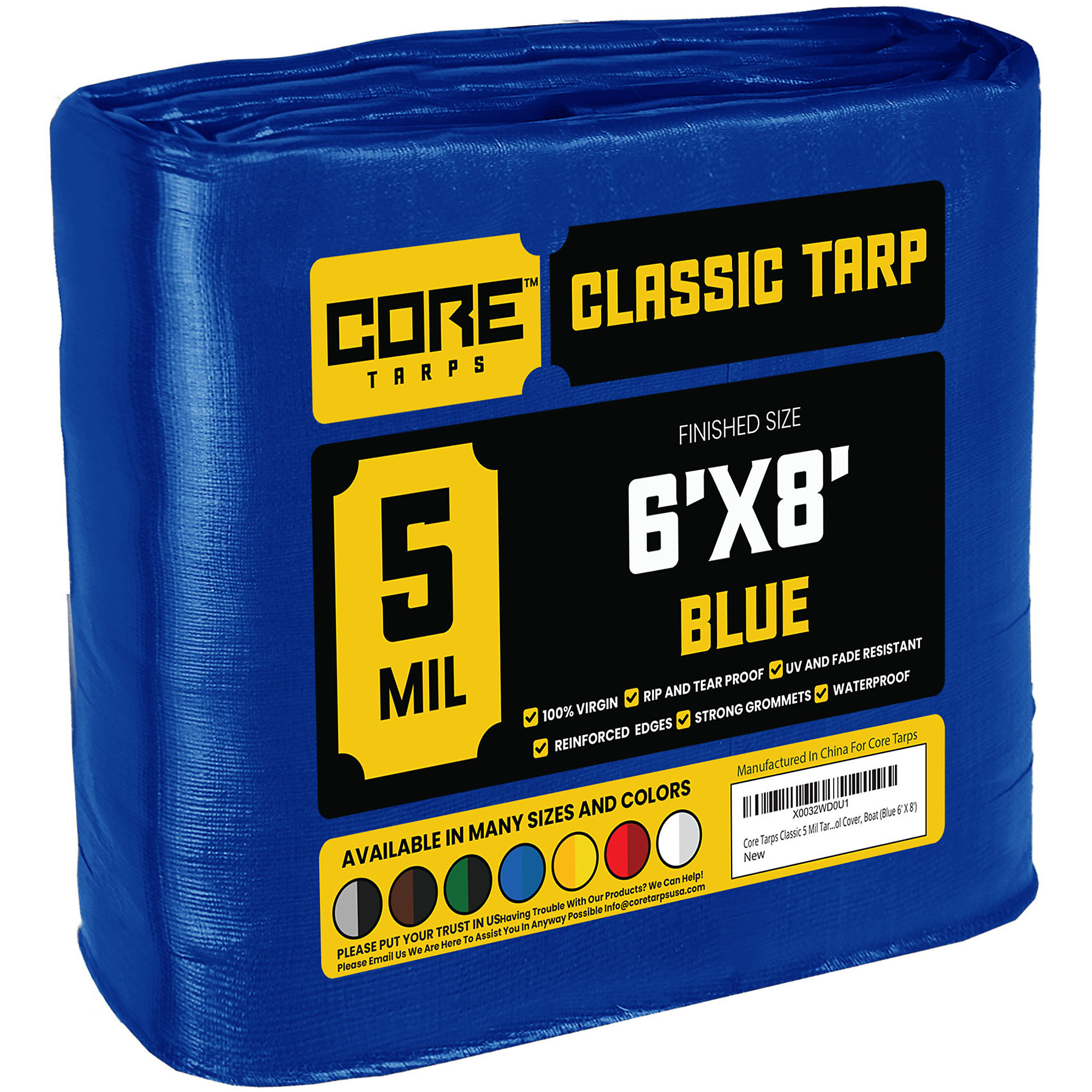 Core Tarps Classic Tarp Cover — 6ft. x 8ft., 5 Mil, Waterproof, UV Resistant, Rip and Tear Proof, Blue, Model# CT-505-6X8